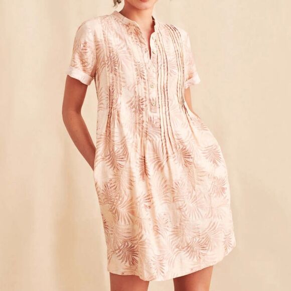 Faherty Gemina Mini Dress in Peach Palm Linen Blend Size Medium - Picture 1 of 6